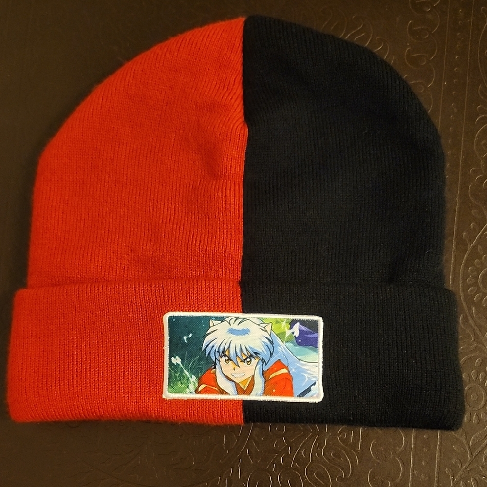 Two-Tone Red and Black Inuyasha Anime Patch Beanie